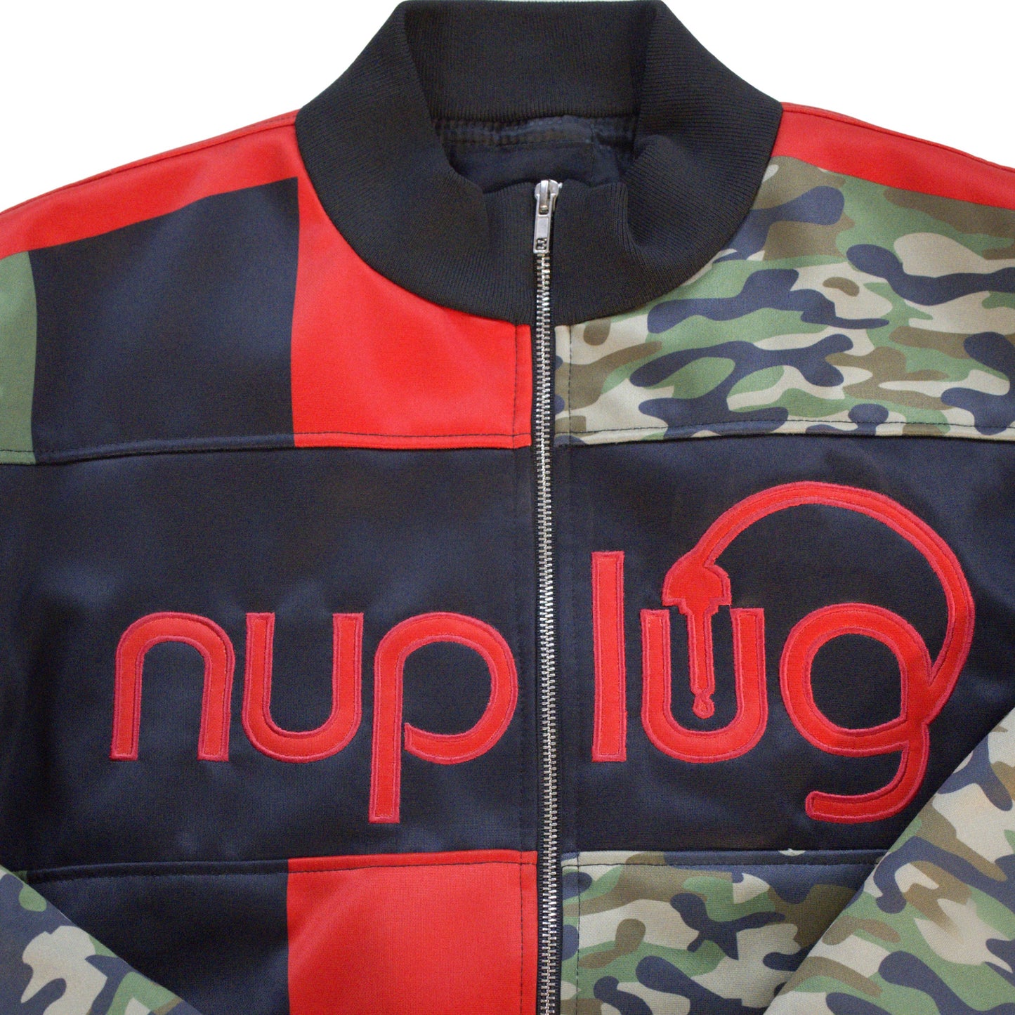 Green Camouflage, Red and Black Jacket