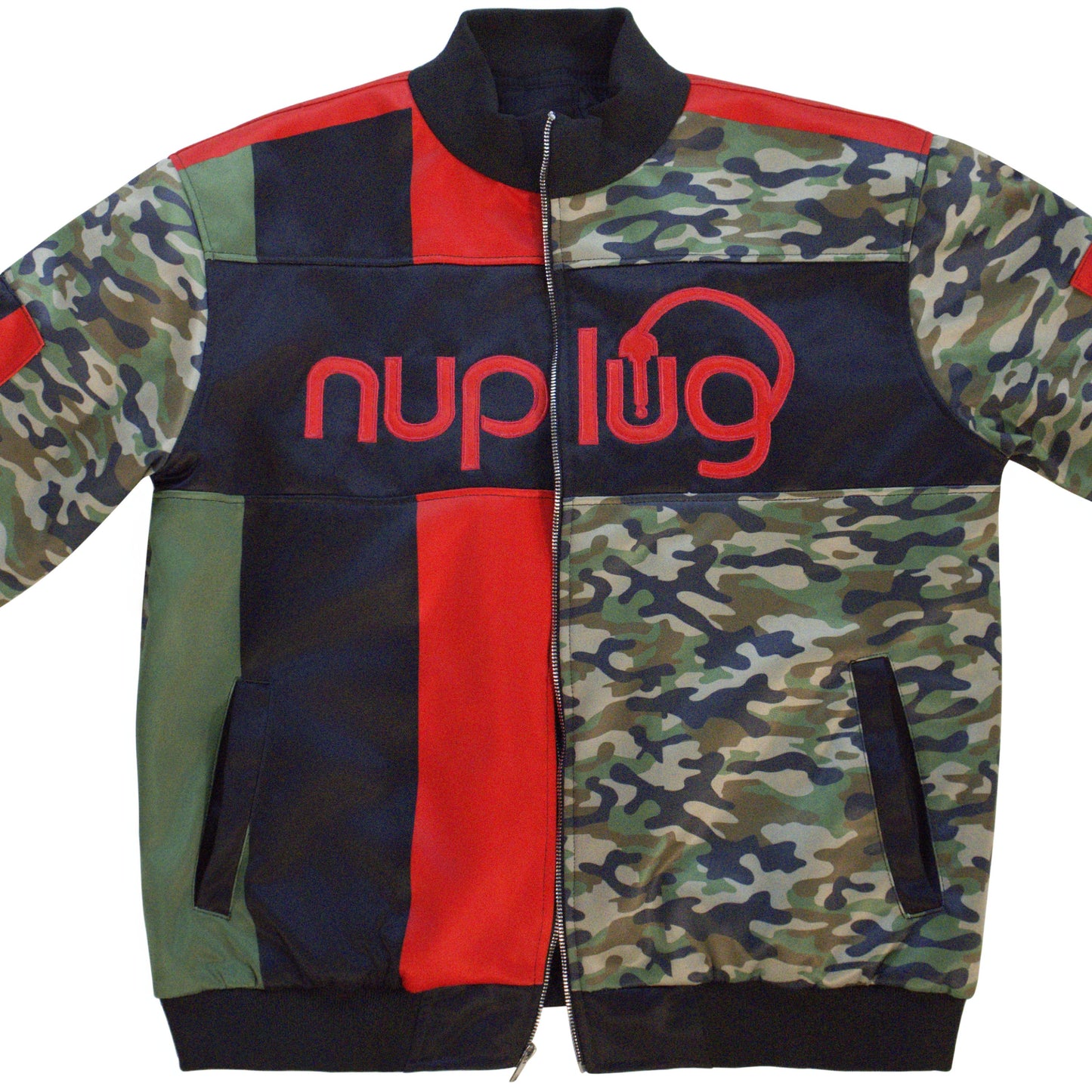 Green Camouflage, Red and Black Jacket