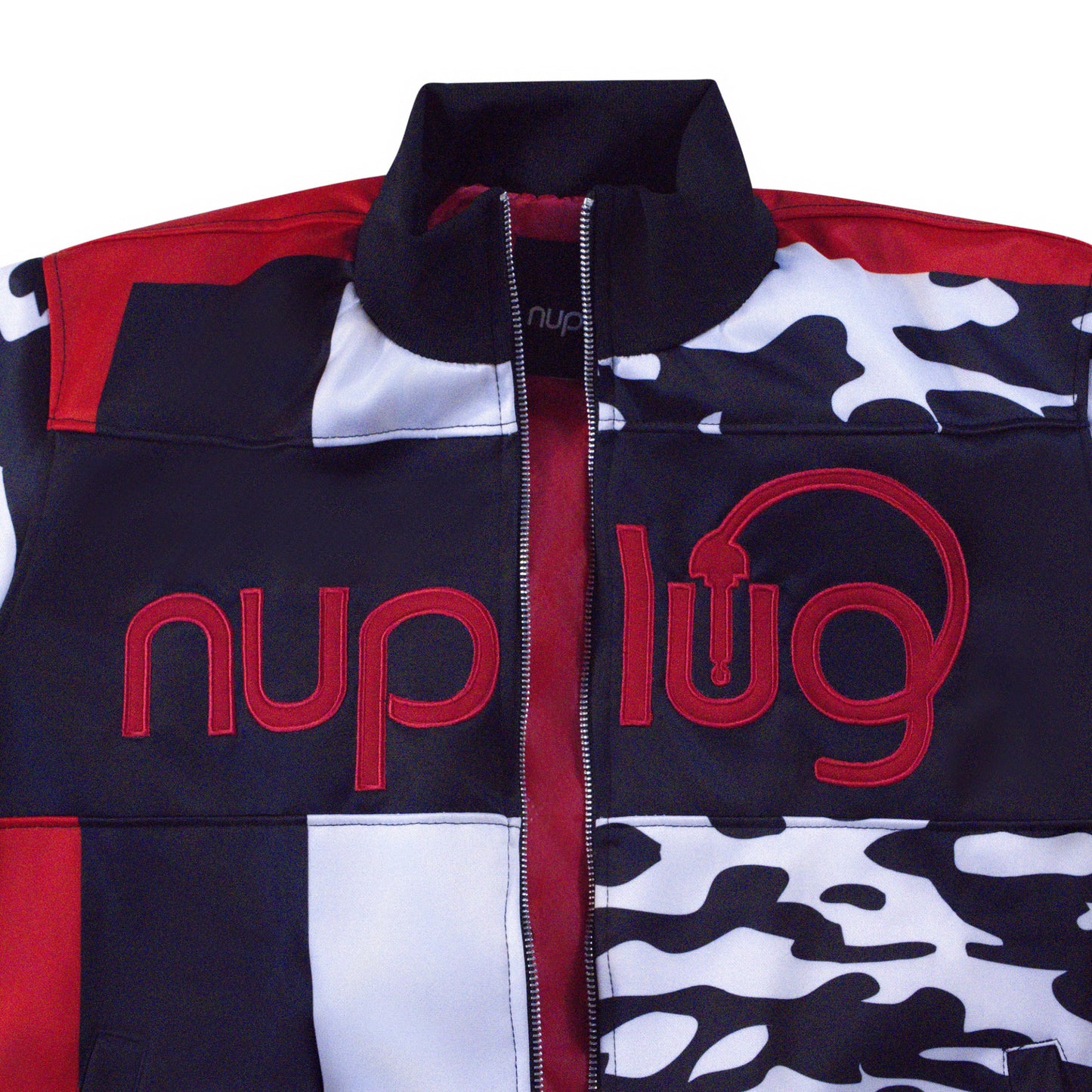 Black and White Camouflage, Red and Black Jacket