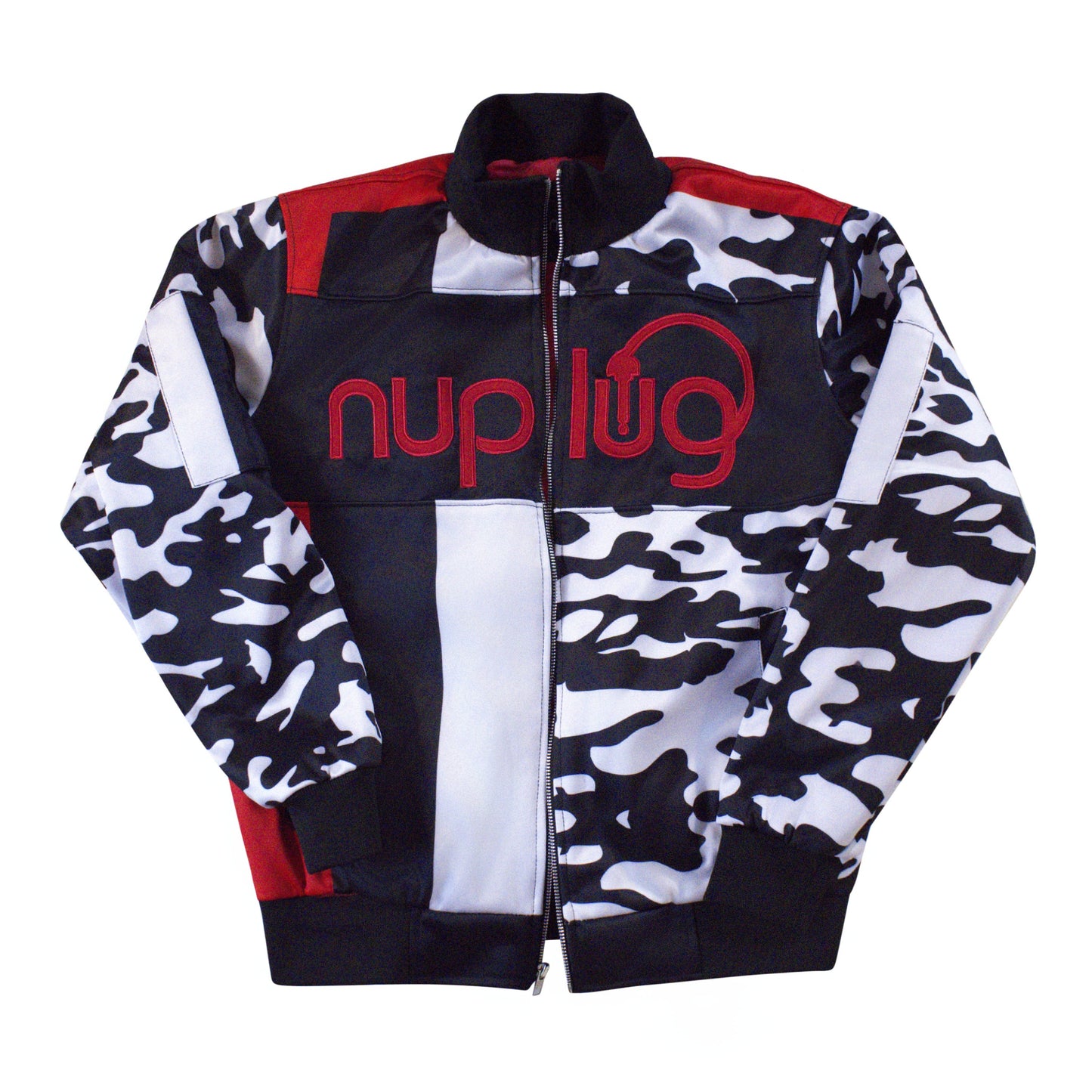 Black and White Camouflage, Red and Black Jacket