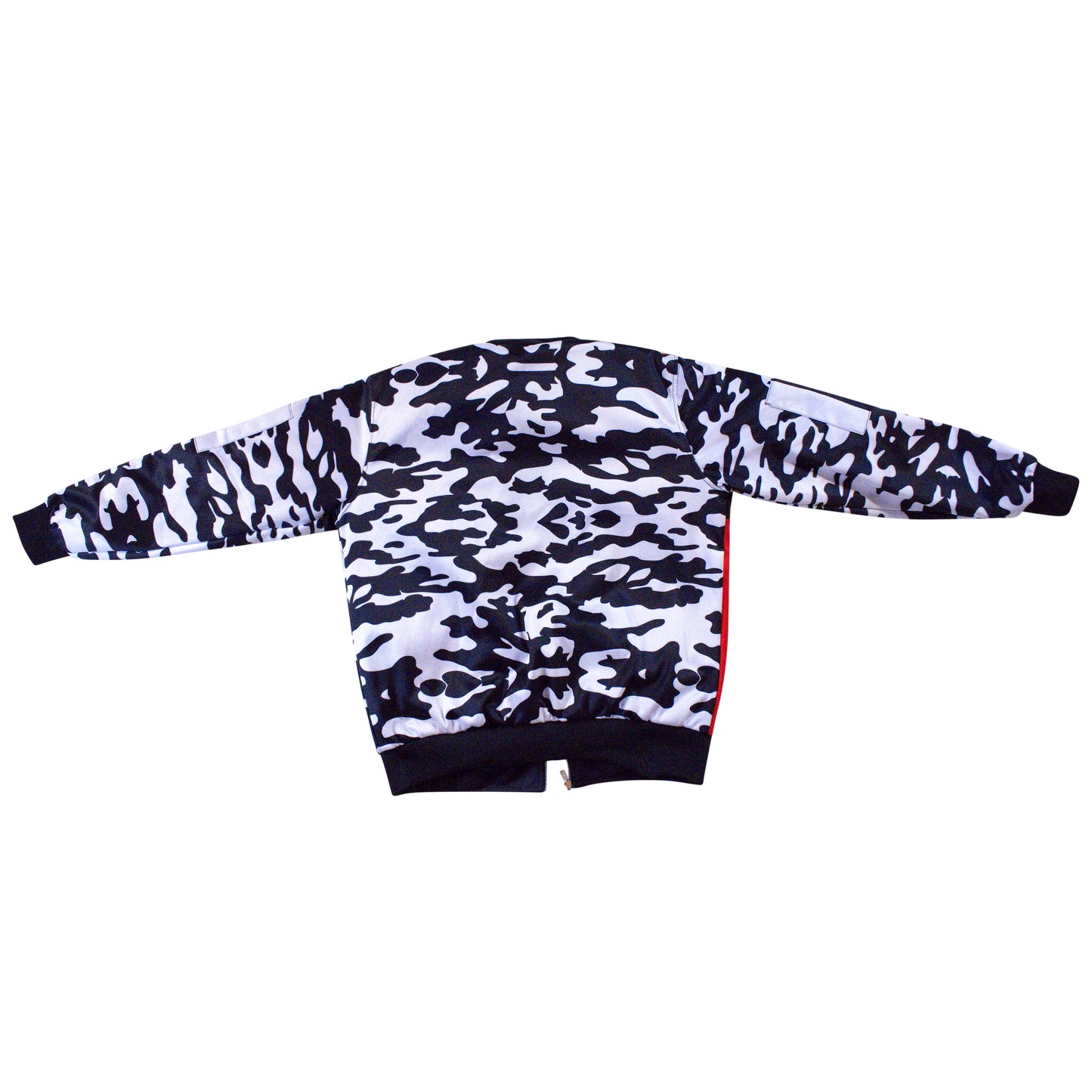 Black and White Camouflage, Red and Black Jacket