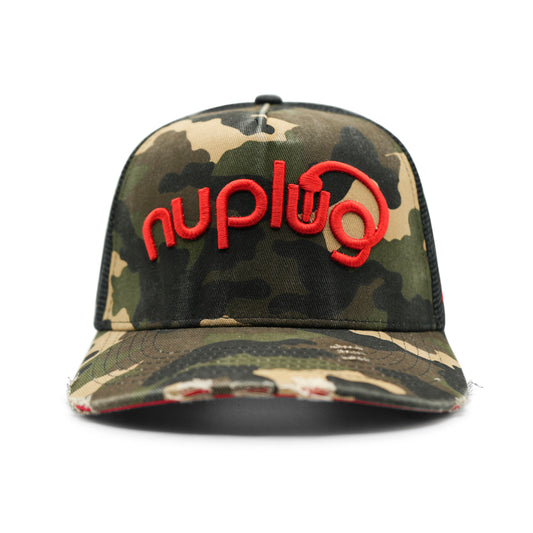 Camouflage and Red Distressed Trucker Hat