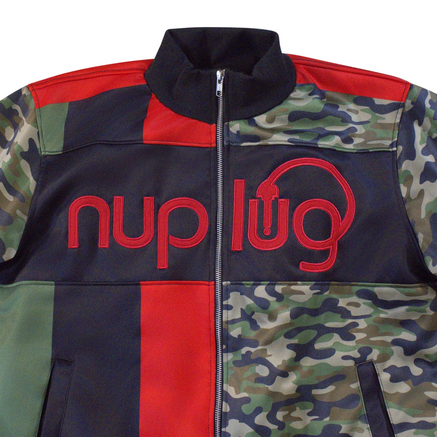Green Camouflage, Red and Black Jacket