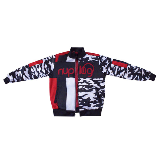 Black and White Camouflage, Red and Black Jacket