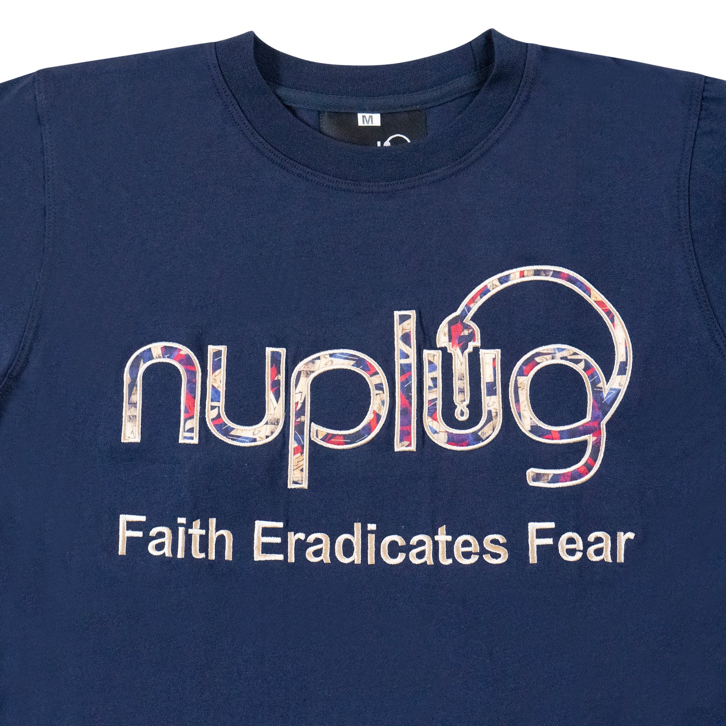 "Faith Eradicates Fear" Navy Blue and Cream T Shirt