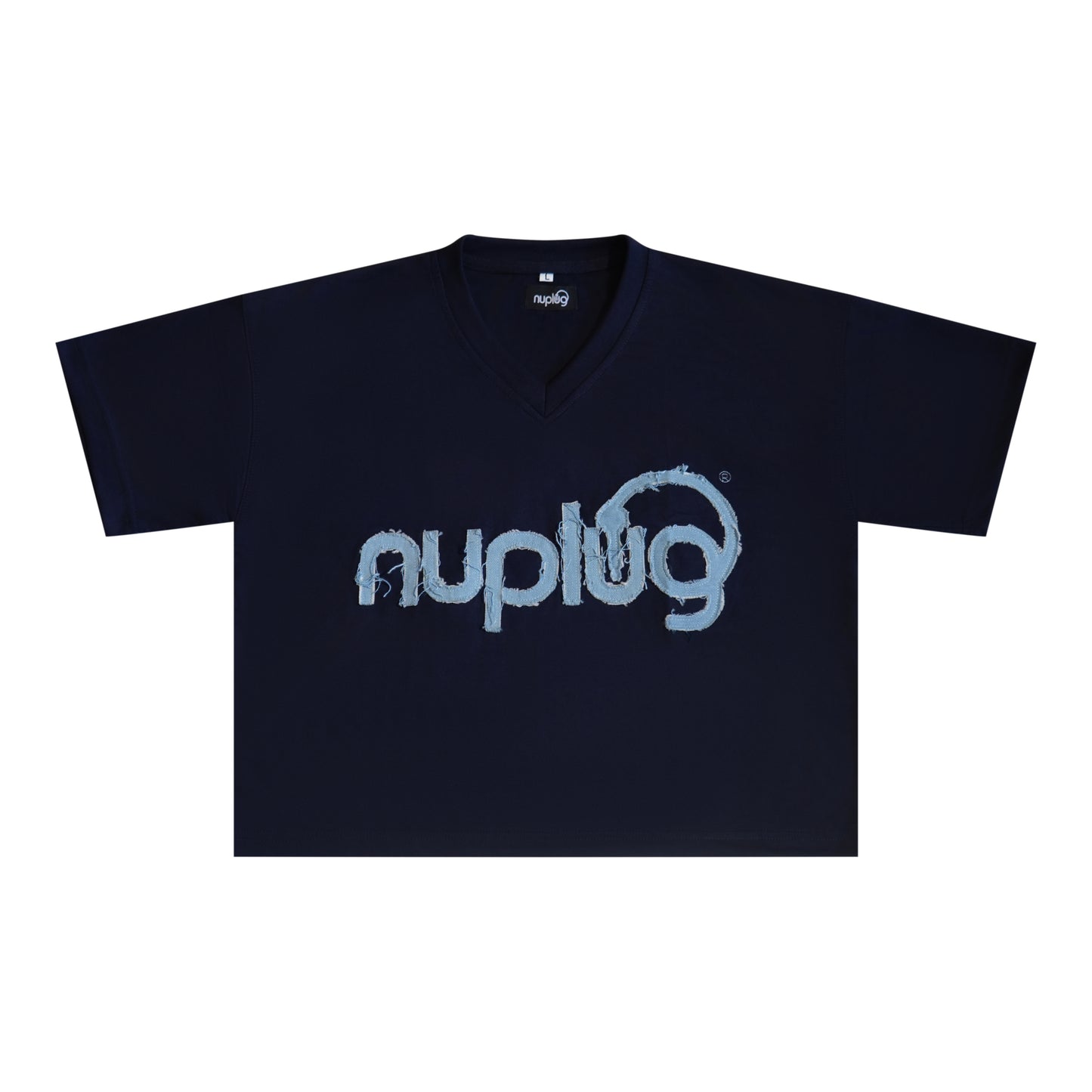 Navy Blue and Blue Denim Distressed Crop Top T Shirt