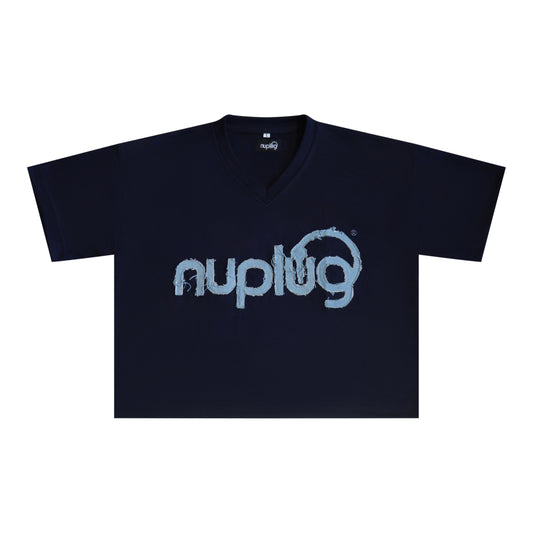 Navy Blue and Blue Denim Distressed Crop Top T Shirt